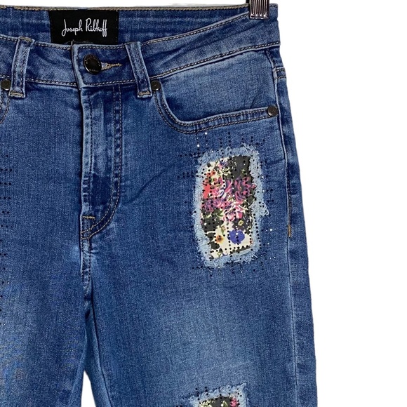 Joseph Ribkoff Mid Rise Skinny Stretch Jeans Floral Patch Black Rhinestones 2 - Picture 7 of 16